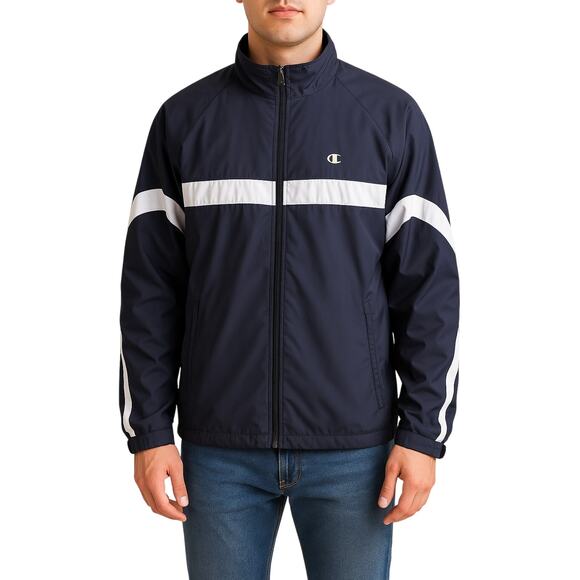 Champion Men’s Track Jacket Windbreaker Navy White Striped Full Zip Size Large - Picture 1 of 9